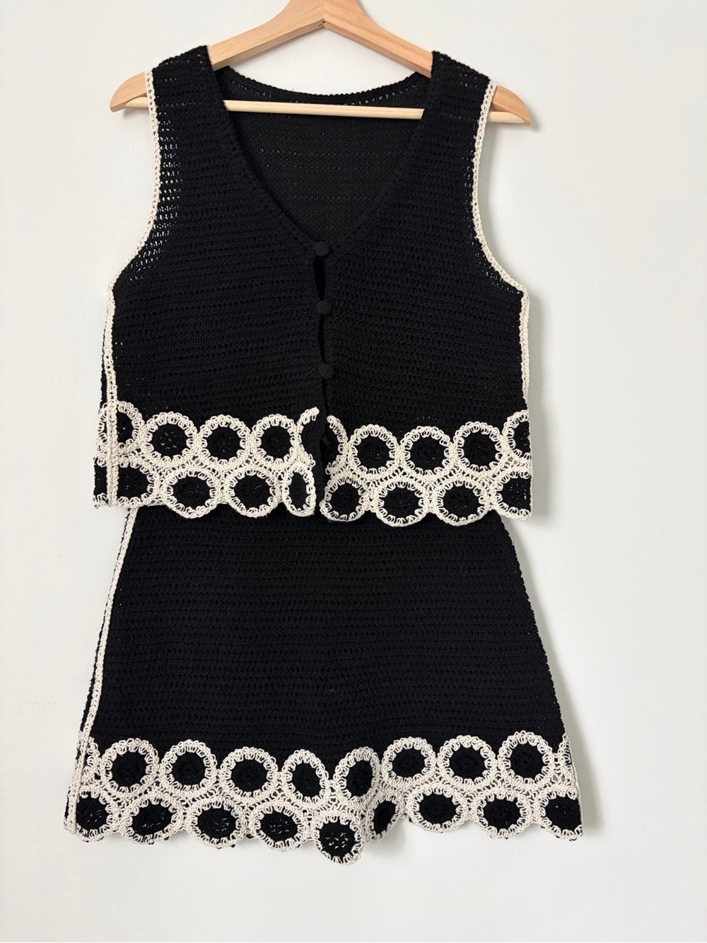 Mango Black Crochet Two-Piece Set with Cream Trim